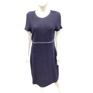 St. John Women’s Knit Dress SZ 16 Decorative Waist Chain Silver Links Navy Blue